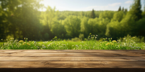 Wall Mural - Empty wooden table for product demonstration and presentation against the backdrop of green grass, field, forest. Banner. Copy space. Mock up