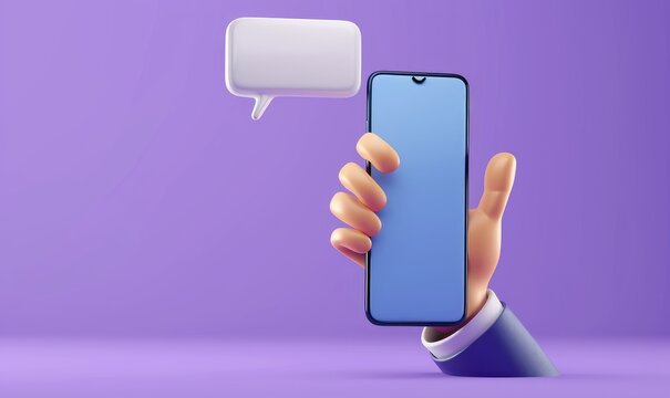 3d illustration. Cartoon character businessman hand with blank chat balloons, sticking out the smart phone screen. social media clip art isolated on violet background. Communication, Generative AI