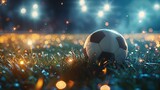 Fototapeta Sport - Soccer ball on field grass at stadium glowing with spotlights. Championship, football sports game concept. Generative Ai