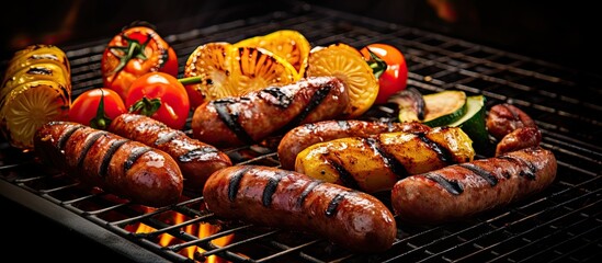 Canvas Print - Savory barbecue sausages and vibrant vegetables sizzling on a charcoal grill in an outdoor setting. The flames licking the food as they cook, creating a delicious aroma.