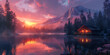 a cabin by the lake with a sunset sky Painting of a cabin in the woods with a sunset in the background.AI Generative 