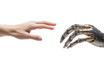 Wall Mural - woman's hand and robot's hand isolated on transparent and white background.png image.