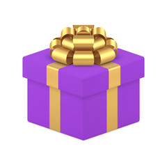 Wall Mural - Purple wrapped luxury gift box squared pack with golden bow ribbon 3d icon realistic vector