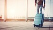Woman with suitcase at airport. Travel and vacation concept. Travel and business concept. Travel and tourism concept with copy space. Travel concept with copy space. Travelling. 