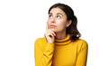 © CStock - A young woman with finger on mouth looking up thinking isolated on transparent and white background.PNG image.