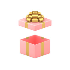 Wall Mural - Pink elegant feminine squared open gift box with golden bow ribbon 3d icon realistic vector