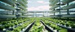 A large greenhouse filled with lush green plants, showcasing a hydroponic agribusiness farm cultivating nutritious organically grown salad veggies. The plants are thriving under controlled conditions