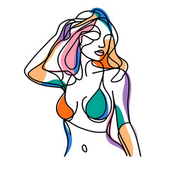 Wall Mural - Abstract line drawing of a beautiful woman in a swimsuit on a white background