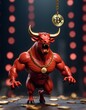 A muscular red bull with a Bitcoin pendant stands commandingly, depicting control over the bullish cryptocurrency market. The bull's authoritative posture speaks volumes of market command. AI
