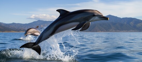 Poster - A couple of dolphins are seen joyfully leaping out of the water in the Greater Farallones National Marine Sanctuary. The dolphins exhibit impressive agility as they breach the surface in