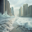 Dramatic representation of rising sea levels, emphasizing the consequences of climate change on coastal areas