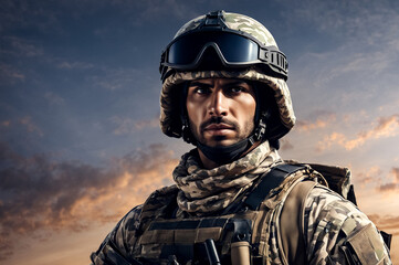 Wall Mural - Close-up of focused arabian soldier in camo attire with helmet against dusky sky, confident look. Confident arab soldier in camouflage gear. Military war concept. Copy ad text space. Generate Ai