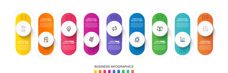 Vector infographic design template. Modern timeline concept with 9 steps, circles. Vector illustration used for diagram, workflow layout, banner, webdesign, presentations, flowchart