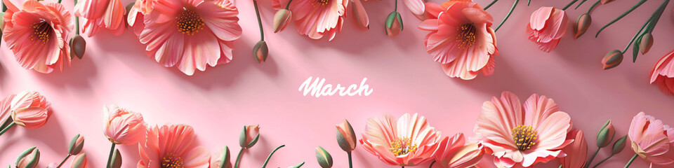 Wall Mural - Lettering March with plants, leaves and colorful flowers on pink background. Hello spring, 1 March concept. Template for greeting card, invitation, banner, poster