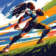 Fierce Female Football Player Charging Downfield in Dynamic Action Illustration