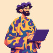 Bearded Man with Colorful Abstract Patterned Shirt Using Laptop Illustration