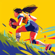 Dynamic Female Rugby Player Sprinting with Ball in Expressive Colorful Sports Illustration