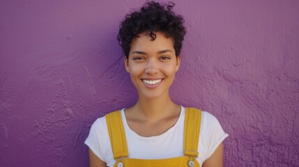 Wall Mural - Smiling woman with curly hair wearing white t-shirt and yellow overalls standing against purple wall.