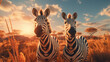 Zebras stehen im hohen Gras, Gruppe von Zebras im Sonnenuntergang in der Savanne