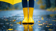 Umbrella and yellow rubber boots as bad rainy weather concept
