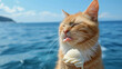 A cat eats a delicious ice cream cone on the seashore on a hot day