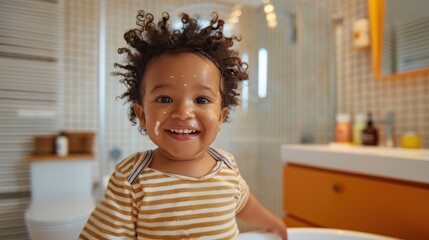 Wall Mural - A joyful child with a messy face likely from a bath standing in a bathroom with a white toilet and a wooden cabinet.