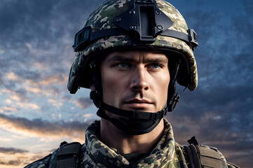 Wall Mural - Close-up of focused finnish soldier in camo attire with helmet against dusky sky, confident look. Confident european fin soldier in camouflage gear. Military concept. Copy ad text space. Generate Ai