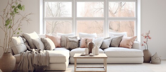 Sticker - A cozy living room featuring a large white couch adorned with patterned pillows, positioned next to a large glass window. The room has white walls and exudes a sense of comfort and relaxation.