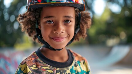 Wall Mural - Young child with curly hair wearing a colorful helmet smiling at the camera with a blurred skate park in the background.