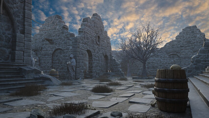 Aufkleber - Wooden barrel in an empty courtyard of an old medieval ruined building. 3D render.