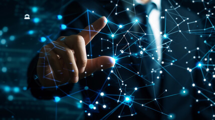 Wall Mural - Businessman touching virtual display to connect digital software of network services. Digital future. Generative AI