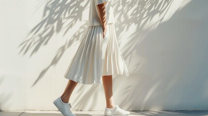 Wall Mural - A woman in a white pleated skirt and white sneakers walking with her back to the camera casting a shadow on a white wall with tree branches overhead.