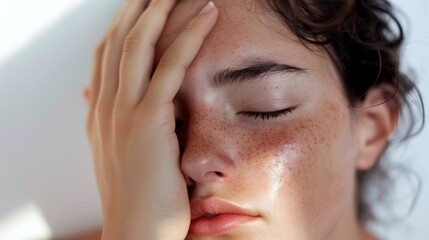 Wall Mural - A close-up of a person with closed eyes resting their head on their hand with freckles and a soft serene expression.