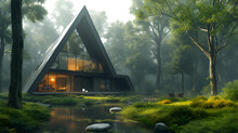Illuminated Triangular House On The Hillside With A Bedroom In View. Generative Ai 