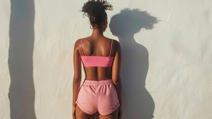 Wall Mural - A woman in a pink crop top and shorts standing against a textured white wall casting a shadow that mirrors her pose.