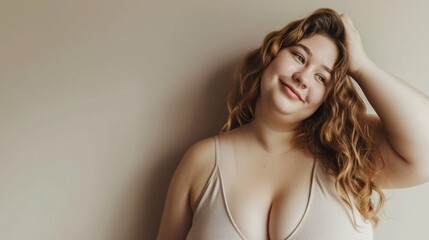 Poster - A young woman with curly hair smiling and resting her head on her hand against a beige wall.