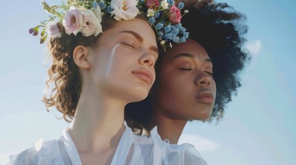 Wall Mural - Two women with closed eyes one with a floral crown against a blue sky evoking a serene and peaceful atmosphere.