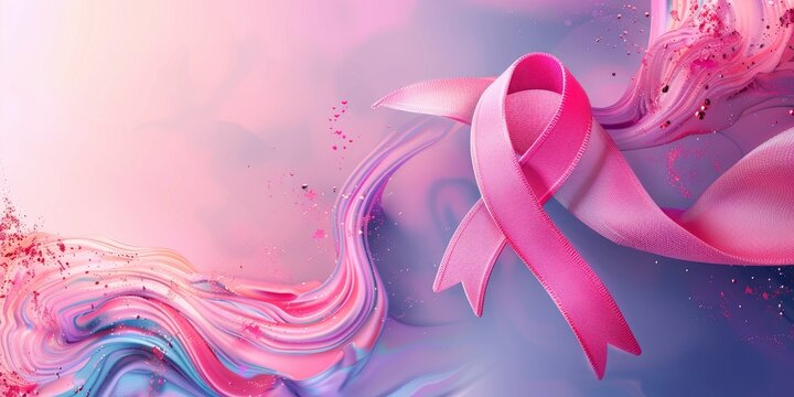 Pink ribbon breast cancer symbol on contrast beautiful background, free space for text, banner