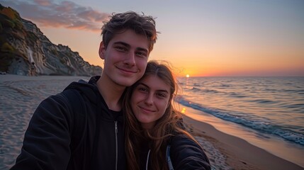 Teenage couple man and woman taking selfie on the beach at sunset