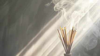 Wall Mural - Aesthetic incense sticks with smoke on a light sunny background. Spa meditation concept. Copy space. Generative AI