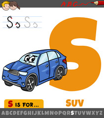 Sticker - letter S worksheet with cartoon suv car vehicle