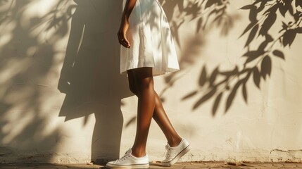 Wall Mural - A woman in a white dress and white sneakers walking in the shade of a tree with a white wall in the background.