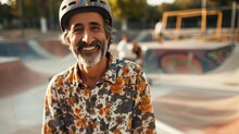 Smiling Man With Gray Beard And Mustache Wearing Colorful Floral Shirt And Helmet Standing At Skate Park.