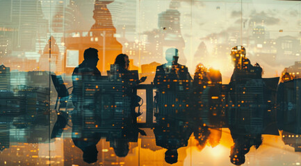 Wall Mural - Abstract, boardroom or building background with double exposure effect for brainstorming, collaboration and business. Bokeh, lights and sunset cityscape wallpaper for corporate, marketing or teamwork