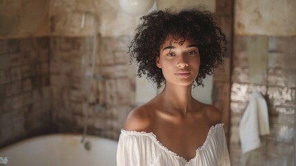 Poster - A woman with curly hair wearing a white off-the-shoulder top standing in a bathroom with tiled walls and a bathtub.