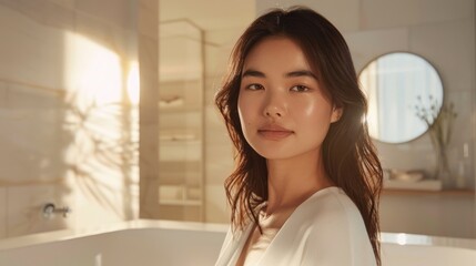 Poster - A woman with long dark hair wearing a white top standing in a bathroom with a bathtub and a mirror in the background bathed in soft warm light.