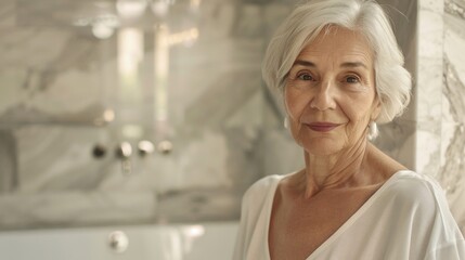 Poster - An elderly woman with white hair wearing a white top standing in a bathroom with marble walls and a white bathtub.