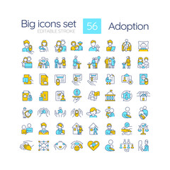 Poster - Adoption RGB color icons set. Child custody. Legal process of becoming parents. Happy family. Isolated vector illustrations. Simple filled line drawings collection. Editable stroke