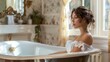 A woman in a white dress sitting in a vintage bathtub looking out a window with sunlight streaming in in a luxurious bathroom with floral wallpaper and a gold-framed mirror.