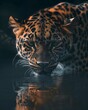 Leopard spiegelt sich im Wasser, Leopard trinkt am Fluss im Dschungel